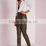 New Arrival Khaki Tie Waist Faux Leather Pants Women thumbnail-2