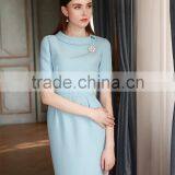 Ladies Slim Fit Light Blue Short Sleeve Elegent Dress thumbnail-1