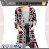 Drop Shoulder 3/4 Sleeves Geo-patterned Knitted Long Cardigan 2015 Women With Tasseled Hem thumbnail-1