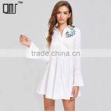 Women Flower Emboriedered Long Sleeve Clothing, White High Waist Shirt Dress thumbnail-1