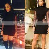 2015 New Celebrity Women Black Lace Mesh Long Sleeve Rayon Hollow Out Turtleneck Bandage Dress Knitted Prom Party Fashion Dress