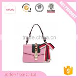 leisure PU handbag with silk bowknot ribbon custom beautiful leather handbag tote bag for young lady