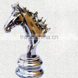NICKLE FINISHED METAL HORSE FACE STATUE ON METAL BASE FOR HOME DECORATION thumbnail-1