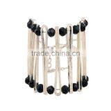 Black Fected Beaded Cuff Bangle Big Wide Strip Metel Cuff Bangle Women Elastic Beaded Bracelets thumbnail-1