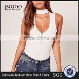 MGOO 2017 High Fashion White Ribbed Bodysuits For Women Sexy Chocker Neck Zip 95% Cotton 5% Spandex Tops thumbnail-1