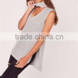 Plain Sleeveless Women Knitwear Sweater With Split Hem Choker Neck Chunky Tunic Grey thumbnail-4
