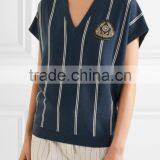 Hot Sale Navy and White Sleeveless Striped Knitted V-Neck Sweater for Women thumbnail-2