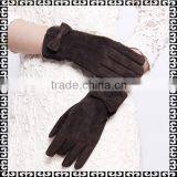 2016 Fashion Bow Trimmed Red Long Pig Suede Ladies Leather Gloves thumbnail-1