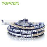 Topearl Jewelry 2016 Potato White Freshwater Pearl and Crystal Bracelet Woven Leather Wrap Girls Fancy Bracelets CLL167 thumbnail-1