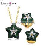 New White Gold Green Color CZ Stones Star Charm Pendant Jewelry Necklace Set