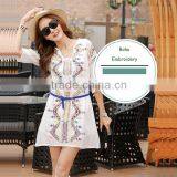 2016 Summer Fashion Women Midi Dresses Ladies Cotton Linen Half Sleeve Ethnic Embroidery Short Frock White Women Dress Model thumbnail-1
