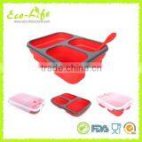 Microwave Oven Safe 3-compartment 600+250+250ML Silicone Collapsable Lunch Box, Fruit Container