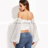 Ladies Sexy Slim Off Shoulder Blouses White Oversize Lantern Sleeve Belted Eyelet Top Blouse thumbnail-3