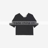 Women's Loose Fit V Neck Press Studs on Short Slited Sleeves Tank Blouse thumbnail-5
