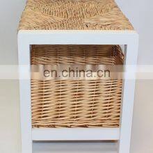 White Two Seater Wooden Storage Bench With Wicker Baskets and Seating thumbnail-4