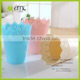 Wholsale Round Plastic Desktop Flower Pot/mini Storage Bucket Lace Hollow Style thumbnail-1
