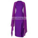 Fashion Chiffon Maxi Dress Solid Round Neck Batwing Sleeve High Slit Prom Dress thumbnail-3