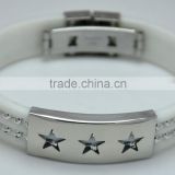 Fashion White Rubber Wide Bracelets Channel Band With Two Tiny Stainless Steel Beads Hollow Three Star Fold Clasp Mens Bangle