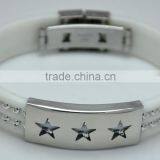 Fashion White Rubber Wide Bracelets Channel Band With Two Tiny Stainless Steel Beads Hollow Three Star Fold Clasp Mens Bangle thumbnail-1