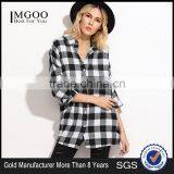 Check Plaid Drop Shoulder Shirt Black and White Cotton Blend Long Sleeve Casual Button Women Shirt thumbnail-1