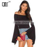 100% Rayon Solid Color Black Bell Sleeve off Shoulder Bardot Top thumbnail-1