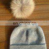 Navy Color Plain Cashmere Beanie Hat & Scarf With Raccoon Fur Pom Pom thumbnail-4