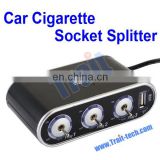 WF-0306 Black Triple Ports Car Cigarette Socket Splitter And DC 5V USB With On/Off Switch