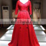 1A840 Romantic Red V-Neck Back Open Lace 3/4 Sleeve Trailed Ball Gown Evening Dress