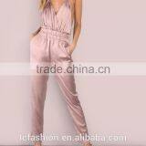 Low Back Cross Back Pink Satin Pictures of Sexy Girls Wearing Jumpsuit thumbnail-3