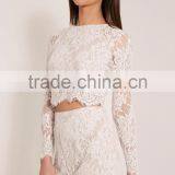Crochect White Lae Designs Long Sleeve Two Piece Sets Lace Crop Top and Short Pants Designs thumbnail-4