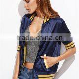 Women Custom Back Embroideried Zip Up Coat Striped Half Sleeve Satin Bomber Jacket Navy Blue thumbnail-4