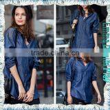 Long Sleeve Patches Longline Jean Shirts for Ladies thumbnail-2