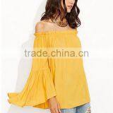 Women Lady Blouse Off Shoulder Pleated Ruffle Sleeve Blouse Top thumbnail-3