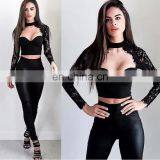 Amigo 2017 New Design Two Piece Sexy Party Wear Bandage Pants Suit With Long Sleeve Lace Dew Chest Crop Top and Bodycon Trouser thumbnail-2