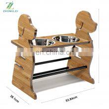 Bamboo Pet Feeder Puppy Style Height Adjustable Raised Kitchen Pet Feeding Station w/ Stainless Steel Food Bowls for Dogs & Cats thumbnail-5