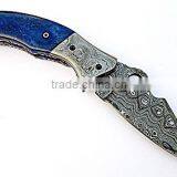 A RARE HANDMADE COLORED CAMEL BONE DAMASCUS STEEL HUNTING FOLDING KNIFE thumbnail-1