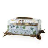 Elegant Blue & White Painted Ceramic Tissue Case With Bronze Base, Porcelain With Brass Tissue Box With Cover thumbnail-1