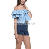 2016 Women Off Shoulder Ruffle Hem Sexy Slash Neck Cute Summer New Fashion Cotton Loose Blouse thumbnail-2