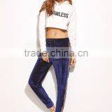 Navy Side Striped Drawstring Velvet Sweatpants 95% Polyester 5% Spandex Elastic Waist Loose Trousers thumbnail-5