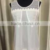back cage chiffon blouse with lace sleeveless o-neck 2016 new fashion
