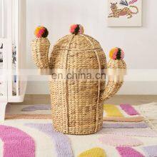 Rustic Water Hyacinth Pompom Cactus Hamper Home Decoration Kid Toy Storage Basket Orgnazer Iron Frame Best Price Wholesale thumbnail-2