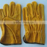 Golden color cow split leather wing thumb driver glove