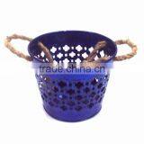 Blue Color Galvanized Metal Planter Pot With Jute Handle for Garden & Home thumbnail-6