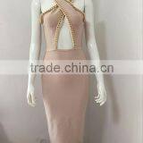 2016 New Black White Khaki Sey Deep V-neck Beading Bodycon Elegant Celebrity Party Pencil Women Knee-length Bandage Dress thumbnail-6