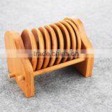 Tea Round Bamboo Wood Trivet Coaster Placemat Tool Set With Holder Rack thumbnail-5