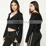 New Products 2017 Black Jacket Women Zip-Up Bell-Sleeve 92 Polyester 8 Spandex Fabric Cropped Zips Hoodie