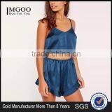 MGOO Women Cropped Cami Pyjama Set Blue Singlet Slip Top With Lace Trim Shorts Plain Pajama Set thumbnail-1