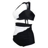 Women's Hanging Shoulders Backless Swimsuit Large Size High Waist Block Color Beachwear Swimwear Sexy Bikini