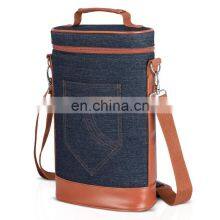Reusable Custom Blue Denim Cooler Bag Luxury Picnic Leather Bottle 2 Pc Wine Carrier thumbnail-2