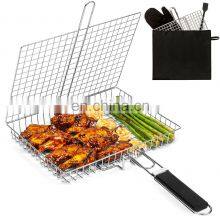 Stainless Steel Large Folding Grill Basket With Handle Basting Brush & A Portable Storage Bag Barbecue Grilling Basket thumbnail-1